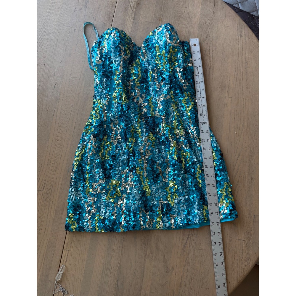 Scala Teal and Gold Sequin Strapless Mini Dress - Picture 4 of 10
